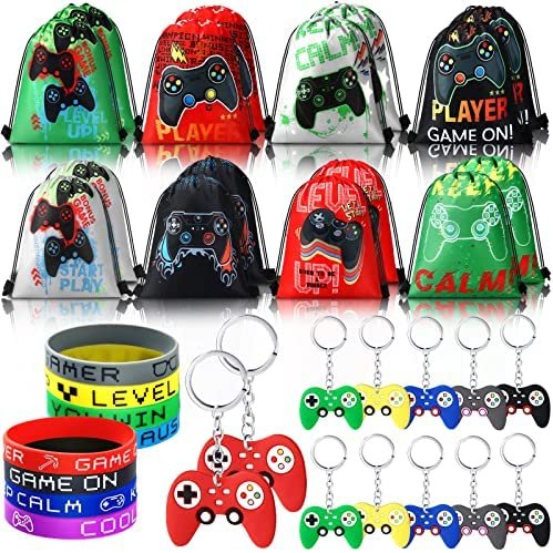 48 Pcs Video Game Party Favors Set Includes 16 Video Game Party Drawstring Bags Video Game Goodie Bags 16 Video Game Wristband Game on Rubber Bracelet Video Game Controller Keychain for Party Supplies