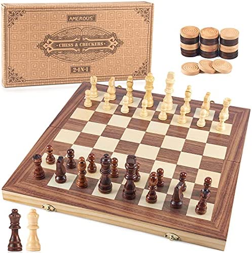 AMEROUS 15'' Wooden Chess & Checkers Set, 2 in 1 Board Games -2 Extra Queens - Folding Board - 24 Cherkers Pieces - Gift Box Packed - Chessmen Storage Slots, Beginner Chess Set for Kids and Adults