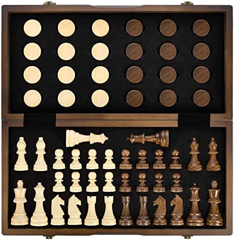 AMEROUS Magnetic Wooden Chess and Checkers Game Set, 15 Inches (2 in 1) Chess Board Games, 2 Extra Queens - Gift Package - Instruction - Game Pieces Storage Slots, Beginner Chess Set for Kids, Adults