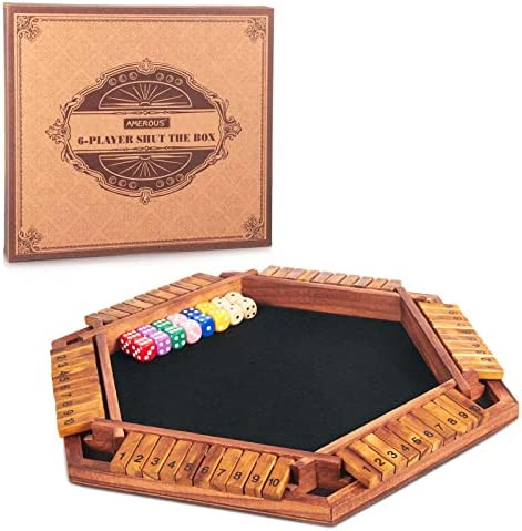 AMEROUS Upgraded 1-6 Players Shut The Box Dice Game, Wooden Board Table Math Game with 16 Dice, Shut-The-Box Rules, Gift Box Packed, Board Game for Kids Adults, Family Classroom Home Party or Pub