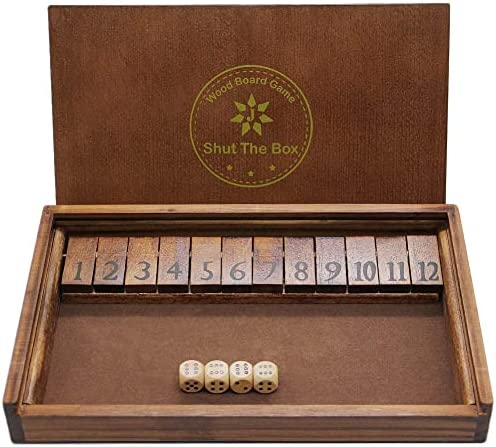 Juegoal Shut The Box Wooden Board Dice Game with 12 Numbers and Lid for Kids Adults Families, 2 Players and Up